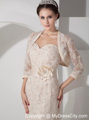 Lace Sweetheart Champagne Column Mini-length Satin Belt Mother Dress