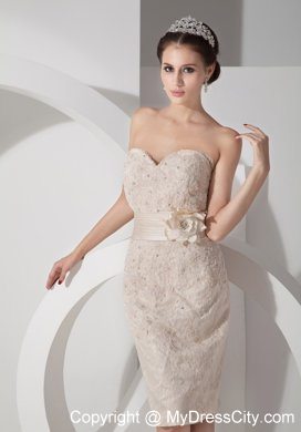 Lace Sweetheart Champagne Column Mini-length Satin Belt Mother Dress