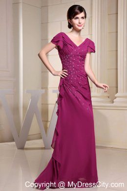 V-neck Chiffon Mother Bride Guests Dress Short Sleeves With Beading