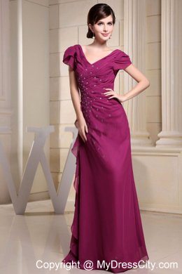 V-neck Chiffon Mother Bride Guests Dress Short Sleeves With Beading