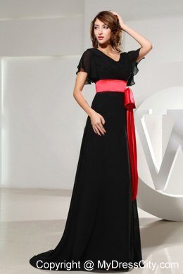 Black Short Sleeves Mother of the Groom Dress Brush Train With Sash