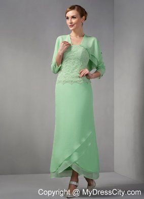 Appliques Apple Green Column Strapless Ankle-length Chiffon Mother Dress