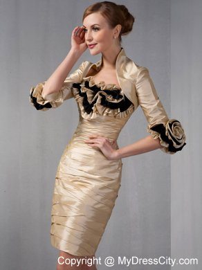 Champagne Cap Sleeves Ruching Hand Flowers Mother Of The Bride Dress