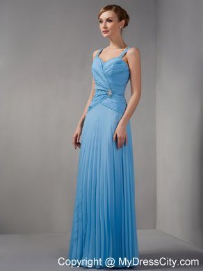 Beaded Straps Teal Straps Long Chiffon Appliques Mother of Groom Dress