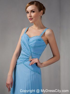 Beaded Straps Teal Straps Long Chiffon Appliques Mother of Groom Dress