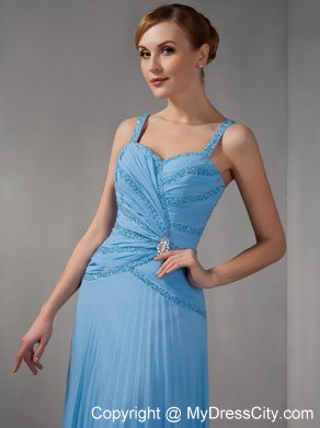 Beaded Straps Teal Straps Long Chiffon Appliques Mother of Groom Dress