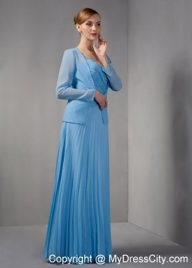 Beaded Straps Teal Straps Long Chiffon Appliques Mother of Groom Dress