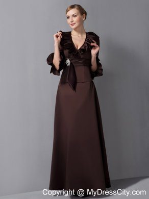 V-neck Ankle-length Brown Sash Mother Of The Bride Dress with Brooch