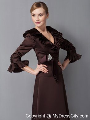 V-neck Ankle-length Brown Sash Mother Of The Bride Dress with Brooch