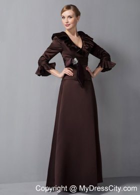 V-neck Ankle-length Brown Sash Mother Of The Bride Dress with Brooch