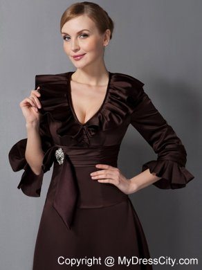 V-neck Ankle-length Brown Sash Mother Of The Bride Dress with Brooch