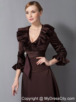 V-neck Ankle-length Brown Sash Mother Of The Bride Dress with Brooch