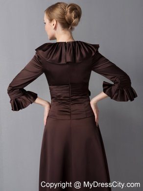 V-neck Ankle-length Brown Sash Mother Of The Bride Dress with Brooch