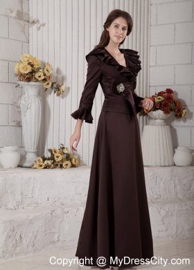 Long Sleeves V-neck Brown Beading Mother Dress for Wedding A-line