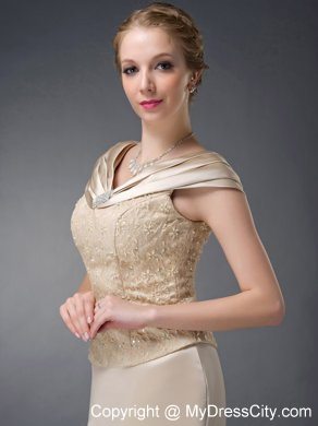 Column V-neck Champagne Long Mother of the Bride Dress Lace Beading