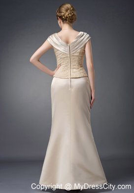 Column V-neck Champagne Long Mother of the Bride Dress Lace Beading