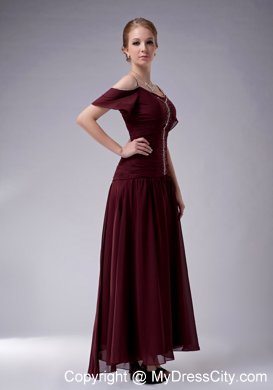 Beading Straps Burgundy Mother Dress for Wedding Ankle-length Chiffon