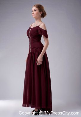 Beading Straps Burgundy Mother Dress for Wedding Ankle-length Chiffon