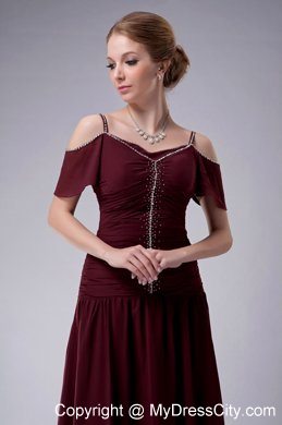 Beading Straps Burgundy Mother Dress for Wedding Ankle-length Chiffon