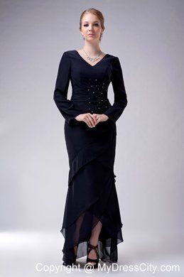 V-neck High-low Chiffon Navy Blue Beading Mother Of The Bride Dress