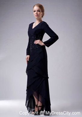 V-neck High-low Chiffon Navy Blue Beading Mother Of The Bride Dress