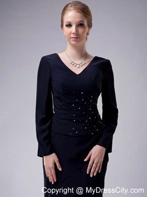 V-neck High-low Chiffon Navy Blue Beading Mother Of The Bride Dress