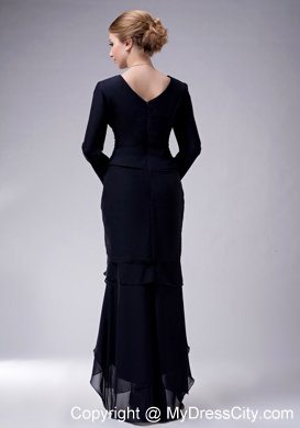 V-neck High-low Chiffon Navy Blue Beading Mother Of The Bride Dress