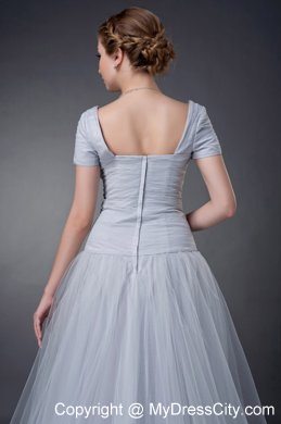 A-line Square Brush Gray Tulle Ruche Appliques Mother of Groom Dress