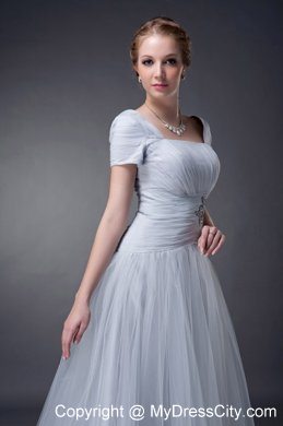 A-line Square Brush Gray Tulle Ruche Appliques Mother of Groom Dress