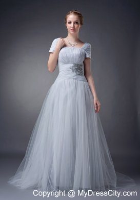 A-line Square Brush Gray Tulle Ruche Appliques Mother of Groom Dress