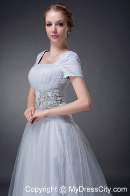 A-line Square Brush Gray Tulle Ruche Appliques Mother of Groom Dress