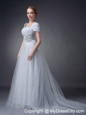 A-line Square Brush Gray Tulle Ruche Appliques Mother of Groom Dress