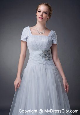 A-line Square Brush Gray Tulle Ruche Appliques Mother of Groom Dress