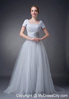 A-line Square Brush Gray Tulle Ruche Appliques Mother of Groom Dress