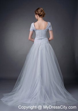 A-line Square Brush Gray Tulle Ruche Appliques Mother of Groom Dress