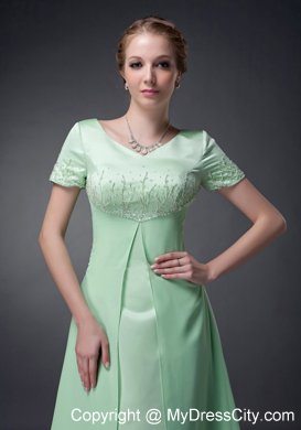 A-line V-neck Apple Green Short Sleeves Mother of Groom Dress Beading