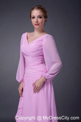 Tea-length Pink V-neck Ruche Mother Of The Bride Dress with Long Sleeves