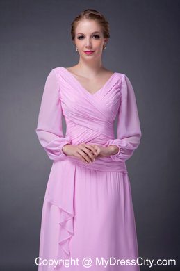 Tea-length Pink V-neck Ruche Mother Of The Bride Dress with Long Sleeves