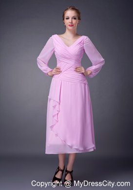 Tea-length Pink V-neck Ruche Mother Of The Bride Dress with Long Sleeves