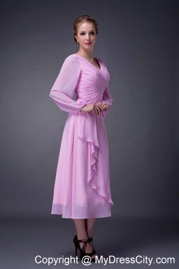 Tea-length Pink V-neck Ruche Mother Of The Bride Dress with Long Sleeves