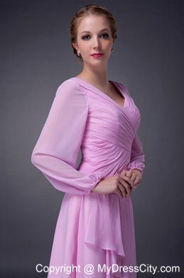 Tea-length Pink V-neck Ruche Mother Of The Bride Dress with Long Sleeves