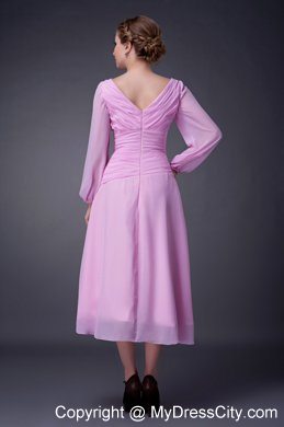 Tea-length Pink V-neck Ruche Mother Of The Bride Dress with Long Sleeves