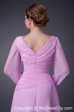 Tea-length Pink V-neck Ruche Mother Of The Bride Dress with Long Sleeves