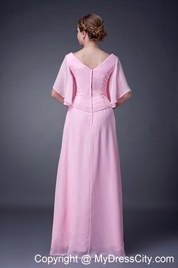 V-neck Pink Empire Mother Of The Bride Dress Long Chiffon Beading