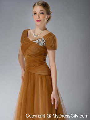 Brown Square Brush Train Mother Of The Bride Dress Tulle Appliques