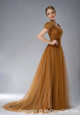 Brown Square Brush Train Mother Of The Bride Dress Tulle Appliques