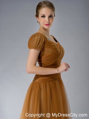 Brown Square Brush Train Mother Of The Bride Dress Tulle Appliques