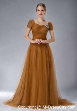 Brown Square Brush Train Mother Of The Bride Dress Tulle Appliques