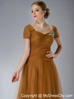 Brown Square Brush Train Mother Of The Bride Dress Tulle Appliques