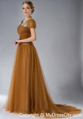 Brown Square Brush Train Mother Of The Bride Dress Tulle Appliques